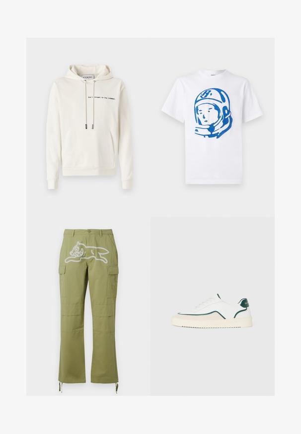 Iceberg Jersey con capucha - vaniglia; Camiseta de algodón blanca con un gráfico de astronauta azul en la parte delantera. De manga corta, cuello redondo y diseño de corte relajado.; Icecream RUNNING DOG PANTS - Pantalones cargo - green; Zapatilla baja blanca con detalles en verde, gamuza beige y suela de color crema con un fondo estriado.