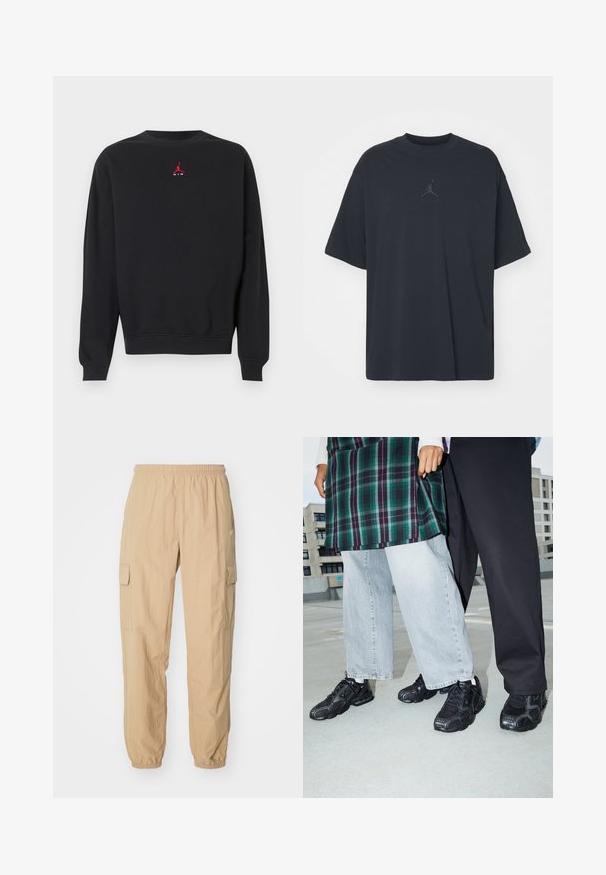 Schwarzes Sweatshirt mit langen Ärmeln und Rundhalsausschnitt, kleinem roten Jumpman-Logo und weißem "AIR"-Text in der Mitte der Brust.; Schwarzes Baumwoll-T-Shirt mit lockerem Schnitt, rundem Hals, kurzen Ärmeln, mit einem dezenten Logo und dem Text "AIR" über dem Logo in der Mitte.; Beige Cargo-Hosen aus leichtem Stoff, mit einem elastischen Bund, zwei Seitentaschen und elastischen Bündchen an den Knöcheln.; Schwarze Sportschuhe mit Mesh- und Gummielementen. Kombiniert mit hellgrauen weiten Jeans und einem karierten grünen Oberteil. Flacher Hintergrund.