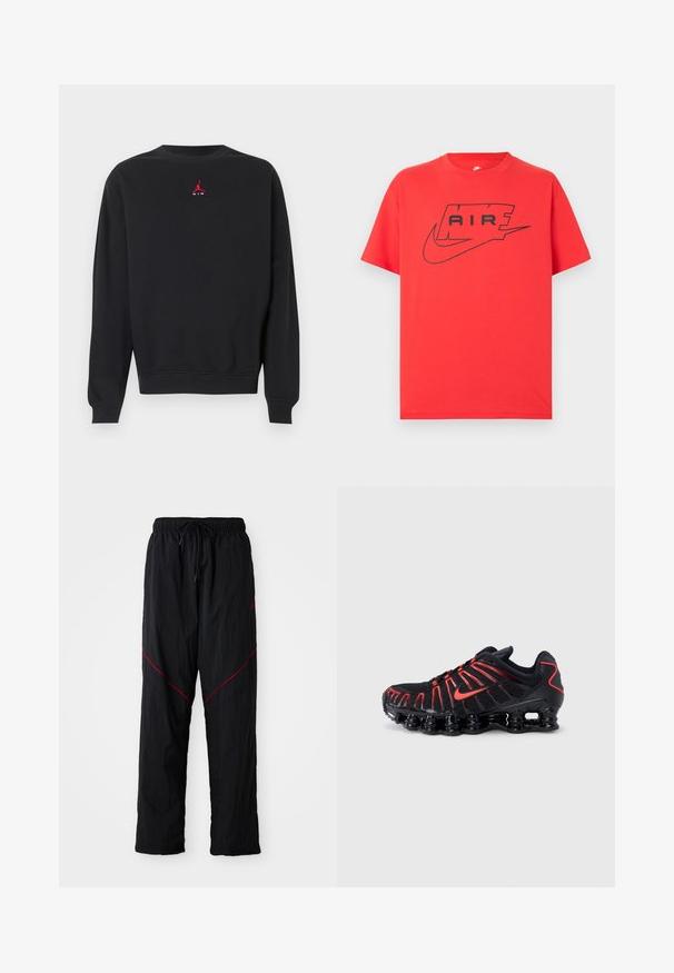 Must pikkade varrukatega ümmarguse kaelusega dressipluus, millel on väike punane Jumpmani logo ja valge "AIR" tekst rinnal keskel.; Punane puuvillane T-särk, millel on must Nike logo ja tekst "AIR". Lühikesed varrukad ja ümmargune kaelus, lõdvestunud istuvus. Sile tekstuur.; Mustad mustas sportlikud püksid tekstureeritud viimistlusega, millel on paelael, punased rõhutruud ja avar lõige.; Mustad spordijalatsid punaste detailidega, millel on tekstureeritud võrgust pealiskate, unikaalse lainelise disaini ja vormitud pehmendusega põhi.