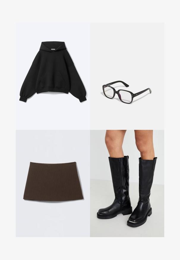 Sweat à capuche noir avec manches longues bouffantes, poche kangourou et une étiquette à l'intérieur de l'encolure sur un fond clair uni.; Jupe marron à fines rayures, coupe ajustée, texture lisse et ourlet évasé, idéale pour un look sur mesure.; Bottes en cuir noires montantes avec une fermeture éclair latérale, semelle en caoutchouc épaisse et finition texturée, dotées d'un design minimaliste.; Lunettes noires rectangulaires avec des verres transparents, présentant des bords arrondis et des accents sur les côtés, avec une finition brillante sur la monture et les branches.