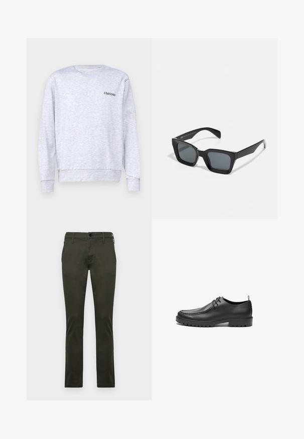 Sivá mikina vyrobená z bavlnenej zmesi, s okrúhlym výstrihom, s malým čiernym textom "Club1990" na ľavej strane hrude.; Khaki chinos so slim fit, vyrobené z hladkej bavlnenej tkaniny. Obsahujú štandardné zapínanie na gombík a pútka na opasok. Dizajn s plochým predným dielom.; Čierne kožené topánky s hladkým povrchom, zaoblenou špičkou a dekoratívnym prešívaním. Majú gumovú podrážku s trakčnými drážkami a viazací dizajn.; Čierne obdĺžnikové slnečné okuliare s tmavými sklami. Plastový rám s lesklým povrchom, s širokým mostíkom a mierne zúženými stranami.