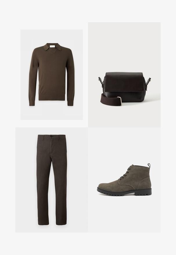 Dunkelbrauner Strickpullover mit langen Ärmeln, mit gerippten Bündchen und Saum, mit Kragen und V-Ausschnitt.; Braune Hose aus einem strukturierten Stoff, mit geradem Bein, einem einzigen Knopfverschluss und minimalistischem Stil.; Olivgrüne Wildleder-Stiefeletten mit einer schwarzen Gummisohle, sechsfache Schnürung und einer Zuglasche an der Ferse für ein einfaches An- und Ausziehen.; Dunkelbraune Leder-Umhängetasche mit Klappenverschluss und verstellbarem Stoffriemen auf weißem Hintergrund.