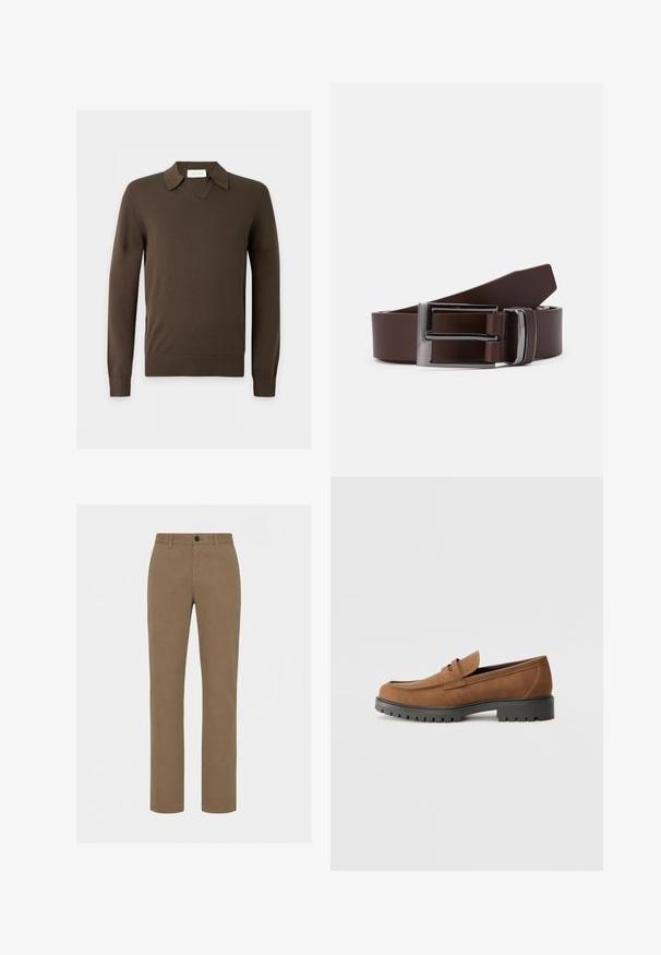 Pull en maille marron foncé à manches longues avec poignets et ourlet côtelés, avec un col et un décolleté en V.; Pantalon marron droit avec passants de ceinture, bouton devant et fermeture éclair sur un fond clair uni.; Mocassins en daim marron avec un bout arrondi et une semelle noire en caoutchouc basse, présentant une sangle décorative et des détails de couture sur le dessus.; Ceinture en cuir marron avec une boucle en métal argenté, présentant une texture lisse et un design rectangulaire épuré. Simple et fonctionnelle.