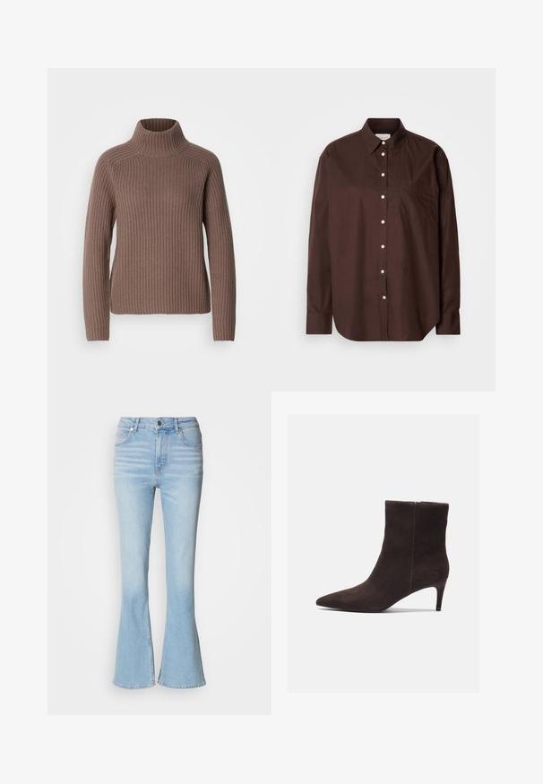 Mos Mosh THYRA HIGHNECK - Trui - braun; Bruine button-down shirt van katoen, met lange mouwen, een borstzak, witte knopen en een klassiek kraagontwerp.; Lichtblauwe flared jeans van denim met een hoge taille, voorzien van subtiele vervaging en een standaard ritsluiting.; Bruine suède enkellaarsjes met een spitse neus en een hak van 7,5 cm, voorzien van een gladde textuur en een minimalistisch ontwerp. Ritssluiting aan de achterkant.
