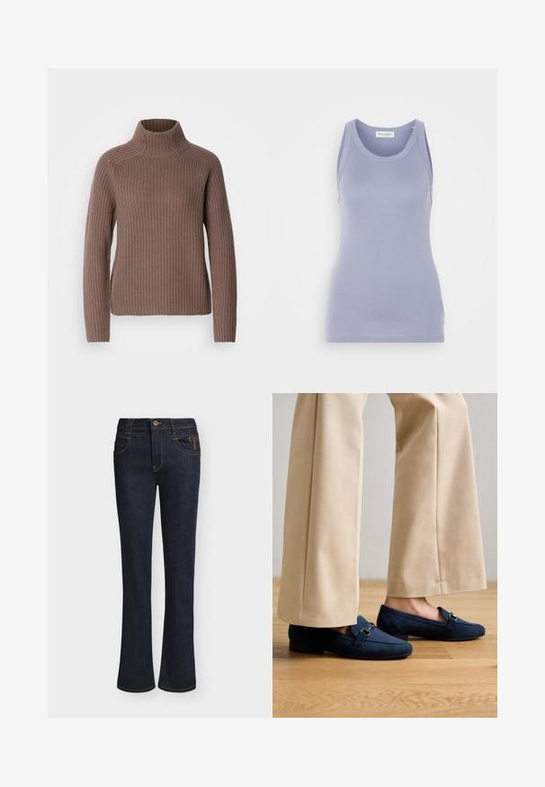 Mos Mosh THYRA HIGHNECK - Strickpullover - braun; Helllila Tanktop mit enganliegendem Design, gefertigt aus einem glatten Strickstoff. Verfügt über einen runden Ausschnitt und breite Träger, minimalistische Markenkennzeichnung.; Dunkelblaue Jeans aus Denim mit leicht ausgestellten Hosenbeinen, Vorderknopf- und Reißverschluss, Vorderentaschen und sichtbaren Nahtdetails.; Marineblaue Wildleder-Loafer mit runder Zehenform, kleinem Absatz und silbernem Hardware-Detail im oberen Bereich. Kombiniert mit beigen, weit geschnittenen Hosen.