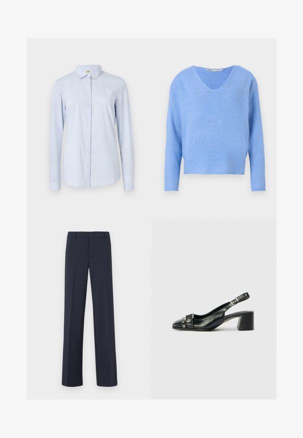 Lyseblå, v-hals sweater med lange, lidt løse ærmer og ribstrikkede manchetter. Blød tekstur, cropped design, velegnet til lag-på-lag styling.; Blå og hvid stribet langærmet skjorte lavet af letvægtsbomuld. Den har en krave, knaplukning foran og en tætsiddende silhuet med manchetter på ærmerne.; Marineblå lige ben bukser lavet af et glat stof. Har en frontknaplukning og sidelommer. Simpelt og moderne design.; Sorte læder slingback hæl med spids tå, tekstureret rem med cirkulære metalliske accenter, og en stablet blokhæl.