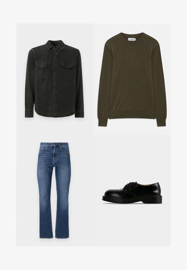 Mørkegrøn, langærmet sweater med ribbede manchetter og kant. Lavet af blødt materiale, med en klassisk rund hals og minimalistisk design.; Mørkegrøn skjorte med knapper lavet af blødt stof, med krave, to brystlommer, lange ærmer og lige kant.; Blå denim jeans med lige ben, der har standardlommer og en syet talje, og udviser en medium vask med subtile slidmærker.; Sort poleret læder snørestøvle med tyk sål, rundet tå og lav hæl, vist fra siden på en ensfarvet baggrund.