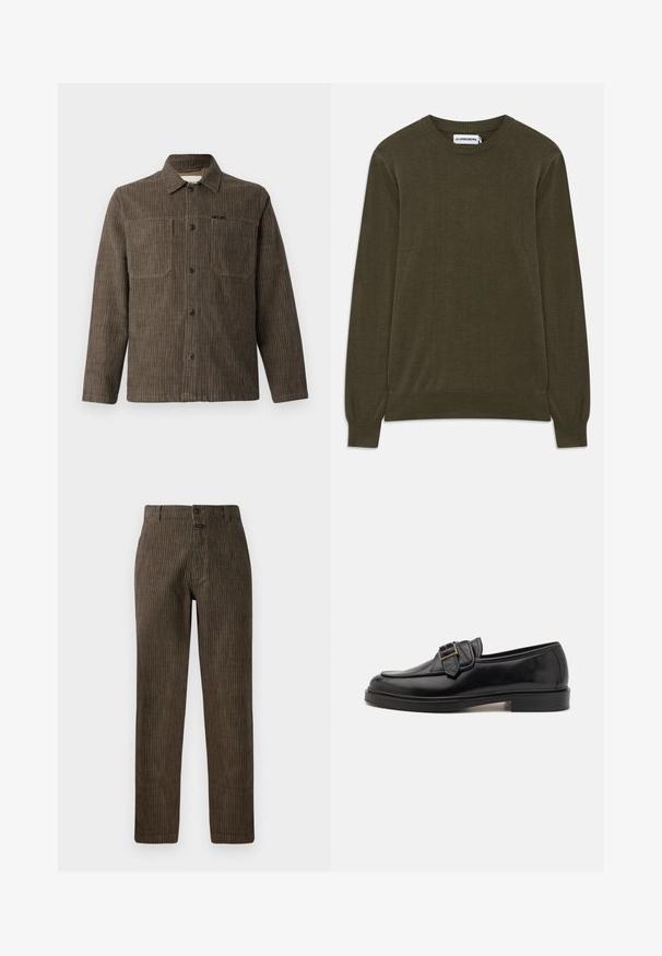 Mørkegrøn, langærmet sweater med ribbede manchetter og kant. Lavet af blødt materiale, med en klassisk rund hals og minimalistisk design.; CLOSED WORKER SHIRT - Skjorter - rock beige; Brune kordfløjspants med vertikale striber, lige pasform og lukning med knap foran. Glat tekstur med et klassisk design.; Sorte læder loafers med rund tå og en dekorativ spændeaccent. Flad, solid hæl og glat tekstur hele vejen igennem.
