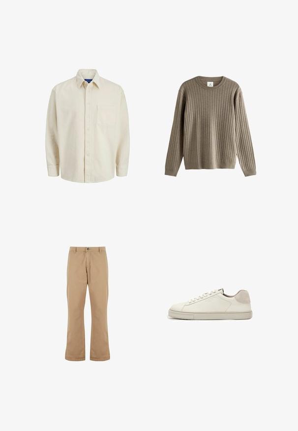 Langærmet taupe ribstrikket trøje med rund halsudskæring og tætsiddende manchetter, lavet af blødt strikstof.; Beige corduroy skjorte med knaplukning foran, krave, lange ærmer og en enkelt brystlomme. Har smalle lodrette striber.; Beige bomuldsbukser med lige pasform, der har knaplukning, forlommer og en glat tekstur.; Hvid lavtopet lædersneaker med hvide snørebånd, let struktureret sål og lys grå ruskinds-hælpatch, sideudsigt.