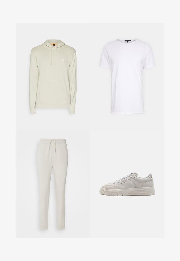 Lichtbeige hoodie van zacht materiaal, met een voorste kangoeroezak, een capuchon met trekkoord en een klein logo op de borst.; Witte katoenen t-shirt met een ronde halslijn, korte mouwen en een rechte snit. Heeft een eenvoudige, gladde textuur zonder aanvullende patronen.; Lichtbeige sweatpants van zacht, gemêleerd materiaal. Heeft een tailleband met trekkoord, geribbelde manchetten en zijzakken. Getailleerde pasvorm.; Iceberg CLOCK V2 - Sneakers laag - comb off white