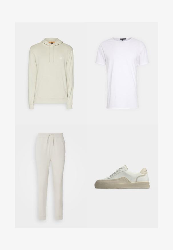Sudadera con capucha de color beige claro en tejido suave, con un bolsillo frontal tipo canguro, capucha con cordones y pequeño parche con logotipo en el pecho.; Camiseta de algodón blanca con cuello redondo, mangas cortas y corte recto. Presenta una textura simple y suave sin patrones adicionales.; Pantalones deportivos de color beige claro, hechos de una suave tela texturizada. Cuentan con una cinturilla con cordón, puños acanalados y bolsillos laterales. Ajuste entallado.; Zapatilla blanca de caña baja con detalles en ante beige, cierre de cordones frontal y lengüeta de talón con marca sobre un fondo claro y sencillo.