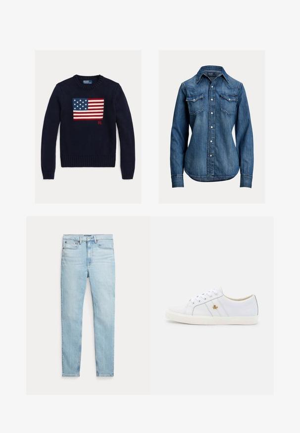 Marineblå strikket sweater med et tekstureret amerikansk flagdesign i rød, hvid og blå. Ribstrikkede manchetter og kant, med "RL"-logo nær kanten.; Langærmet blå denimskjorte med perleknapper, to brystlommer med klap og spids krave fra Polo Ralph Lauren.; Lyseblå denimjeans med en figursyet pasform, design med fem lommer og syninger langs sømmene. Har en standard linning og lynlås.; Lauren Ralph Lauren JANSON II ACTION LEATHER SNEAKER - Sneakers - real white