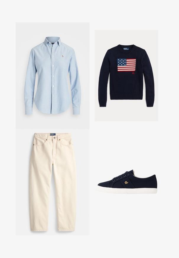 Marineblå strikket sweater med et tekstureret amerikansk flagdesign i rød, hvid og blå. Ribstrikkede manchetter og kant, med "RL"-logo nær kanten.; Lyseblå skjorte med lange ærmer, knapper og krave samt lille broderet logo på venstre bryst.; Jeans i cremefarve lavet af denim med lige ben, forlommer og detaljer med overlock-syning. Lukning med metalknap og lynlås.; Lauren Ralph Lauren JANSON II CANVAS SNEAKER - Sneakers - navy