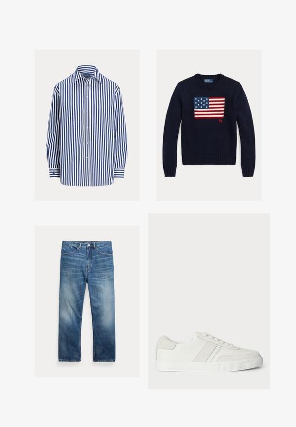 Pull en maille bleu marine avec un motif texturé du drapeau américain en rouge, blanc et bleu. Poignets et ourlet côtelés, avec le logo « RL » près de l'ourlet.; Chemise à manches longues rayée bleu et blanc, fermeture boutonnée sur le devant, poche unique, tissu doux, coupe décontractée, poignets rayés.; Jean en denim bleu délavé avec une coupe droite, poches avant, passants de ceinture et détails délavés aux cuisses et aux genoux.; Basket blanche avec une tige en cuir lisse, des accents en suède et des lacets plats. Dispose d'une semelle en caoutchouc texturée et d'un design minimaliste.