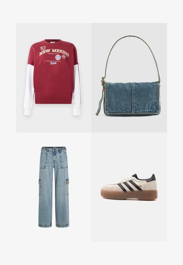 Maroon sweatshirt med hvide ærmer, med teksten "New Mexico Sports Club" og forskellige logoer. Materialet er bomuld; ribbede manchetter og kant.; Lyseblå denim cargo bukser med elastisk talje, to forlommer og sidelommer. Løs pasform med en lige ben-design.; Hvid og beige sneaker med sorte striber, sort hælflig, "Spezial"-label i guld og tyk gennemsigtig brun sål.; Denim skuldertaske med fold-over design, lys blå farve, synlige sømme, justerbar rem og en sidelabel-detalje.