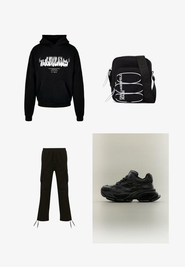 Haut à capuche noir en coton, avec une poche avant, des poignets et un ourlet côtelés, ornée d'un graphique en texte blanc déformé sur la poitrine.; Pantalon cargo noir avec une taille élastique, des poches latérales et des cordons au bas ; fabriqué à partir d'un tissu léger avec une texture lisse.; Baskets noires épaisses avec un design texturé, semelle épaisse et fermeture à lacets, présentées sur un fond neutre uni.; Sac bandoulière noir avec boucles élastiques blanches, tirettes de fermeture éclair, et texte blanc "KARL LAGERFELD JEANS" sur la poche avant.