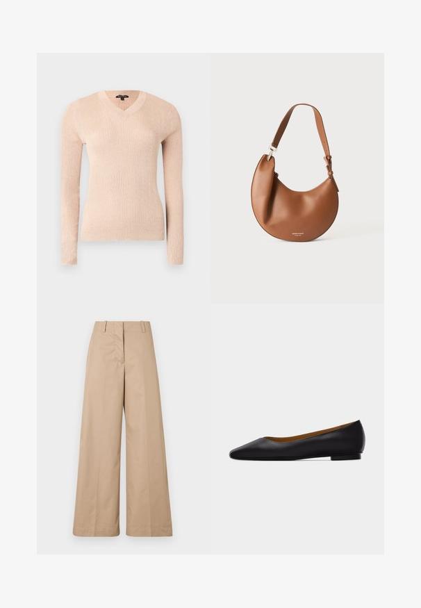 Suéter de manga larga rosa claro con cuello en V y tejido acanalado. Fabricado con un material suave, presenta una forma entallada y una superficie texturizada.; Pantalones de pierna ancha en color beige, confeccionados con una suave tela de algodón, que cuentan con una cintura entallada y un frente liso, diseñados para un ajuste relajado y líneas limpias.; Zapato plano de punta puntiaguda de cuero negro con tacón bajo y acabado liso, mostrado de perfil sobre un fondo gris claro.; Bolso de hombro marrón de cuero en forma de media luna con correa ajustable y pequeño texto de logo plateado en la parte inferior central.