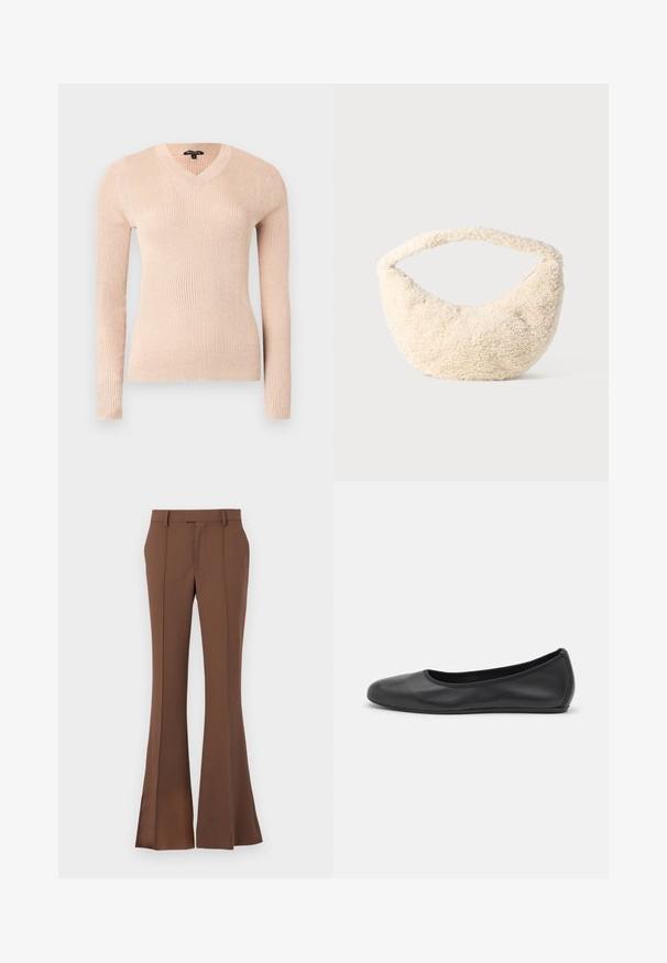 Suéter de manga larga rosa claro con cuello en V y tejido acanalado. Fabricado con un material suave, presenta una forma entallada y una superficie texturizada.; Pantalones acampanados marrones fabricados en una tela suave, con un frente plano, trabillas para cinturón y un ajuste entallado con sutiles detalles de pliegue.; Bailarina de piel negra con punta redondeada, textura suave, detalle de costura minimalista y diseño de suela flexible.; Bolso de color crema con una textura suave y esponjosa. Forma curvada y una tira ancha para llevar. Diseño simple, sin hardware o acentos visibles.