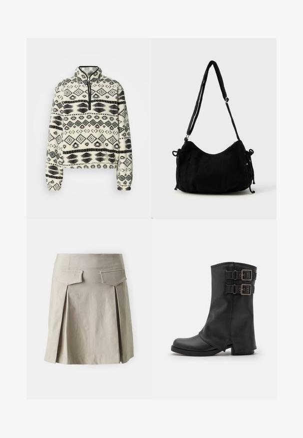 Pull-over en polaire avec fermeture éclair à moitié, arborant un motif géométrique noir et blanc, col arrondi et poignets élastiques. Surface douce et texturée.; Jupe plissée beige avec une coupe droite, dotée de deux poches arrière et d'une texture lisse. Le tissu semble léger et décontracté.; Even&Odd by Zalando Bottes de cowboy / motard - black; Sac à épaule en velours côtelé noir avec une forme courbée, bandoulière réglable et fermetures à cordon des deux côtés pour un ajustement de taille.