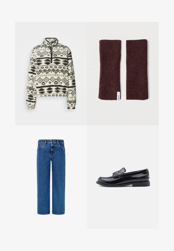 Villane pullover poole lukuga, millel on geomeetriline must-valge muster, ümar krae ja elastsed varrukaservad. Pehme, tekstuuriga pind.; Heledad sinise denimi sirgedega püksid, millel on nööpkinnitus, vöökohad ja esiõmblustega taskud.; Mustast lakknahast loafer ümarate varvastega, dekoratiivse õmbluse ja madala kontsaga. Peal on väike kuldne rõhutus.; Burgundiapunased kootud käe soojendajad pehme tekstuuri, ristkülikukujulise vormi ja kummagi külje brändisildiga. Sobivad kihiliseks kandmiseks ja sooja hoidmiseks.