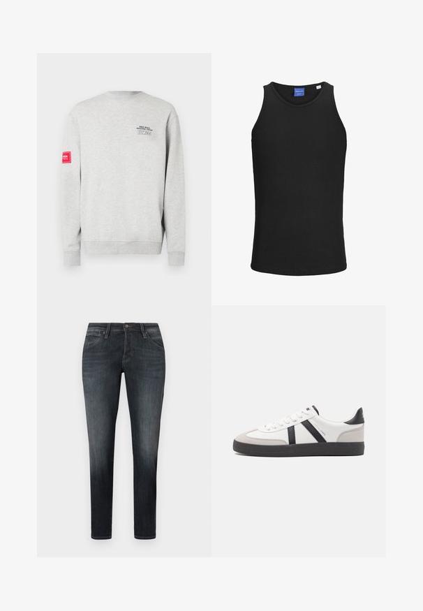 Grijze trui van katoenmix, met een ronde hals, lange mouwen en logodetails in zwart en rood op de borst en mouw.; Zwarte tanktop van ribstof, met een ronde halslijn en zonder mouwen. Eenvoudige, strakke lijnen zonder versieringen.; Donkergrijze slim-fit jeans met steekzakken aan de voorkant en knoopsluiting, met subtiele vervaging langs de dijen en knieën.; Witte sneaker met zwarte en grijze accenten, voorzien van een grijze neus met textuur, zwarte rubberen zool en platte witte veters. Schoon ontwerp, minimalistische stijl.