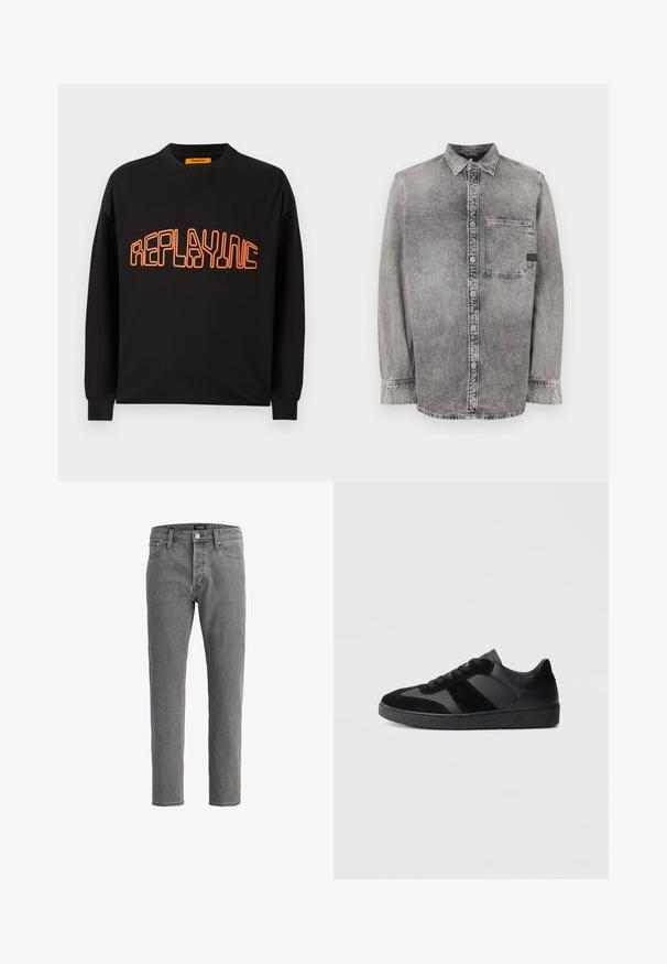 Zwarte sweatshirt van katoen met een v-hals en lange mouwen. "REPLAYING" is in het oranje gedrukt, omrand in een afgeronde stijl.; Grijze denim knopsluiting overhemd, lange mouwen, stof van gemiddelde dikte, enkele borstzak, vervaagde afwerking met contrasterende knopen, klassieke kraag.; Grijze denim jeans met een rechte snit, vijf-pocket ontwerp en metalen knoopsluiting. De stof heeft een zachte, gestructureerde afwerking.; Zwarte sneakers met een mix van glad leer en suède, een gestructureerde zwarte rubberen zool en subtiele streepdetails.