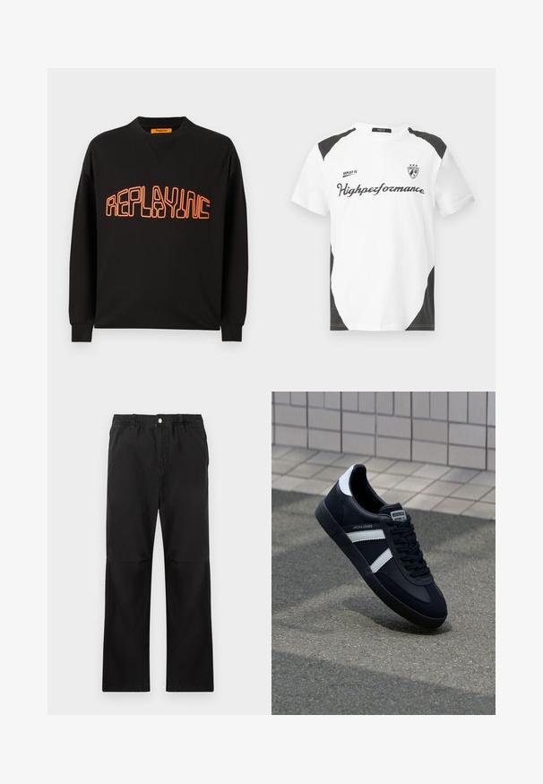 Sudadera negra de algodón con escote en V y mangas largas. "REPLAYING" está impreso en naranja, contorneado en un estilo redondeado.; Camiseta blanca de manga corta con acentos negros. Lleva el logo "REPLAY FC" y el texto "Highperformance" en una fuente deportiva. Fabricada con un material suave.; Pantalones negros de algodón con una cintura elástica, que cuentan con un diseño de pierna recta, textura suave y sin acentos ni patrones visibles.; Zapatilla de cuero negra con rayas blancas, suela de goma texturizada y parte frontal con cordones. Cuenta con una etiqueta de marca en la lengüeta.