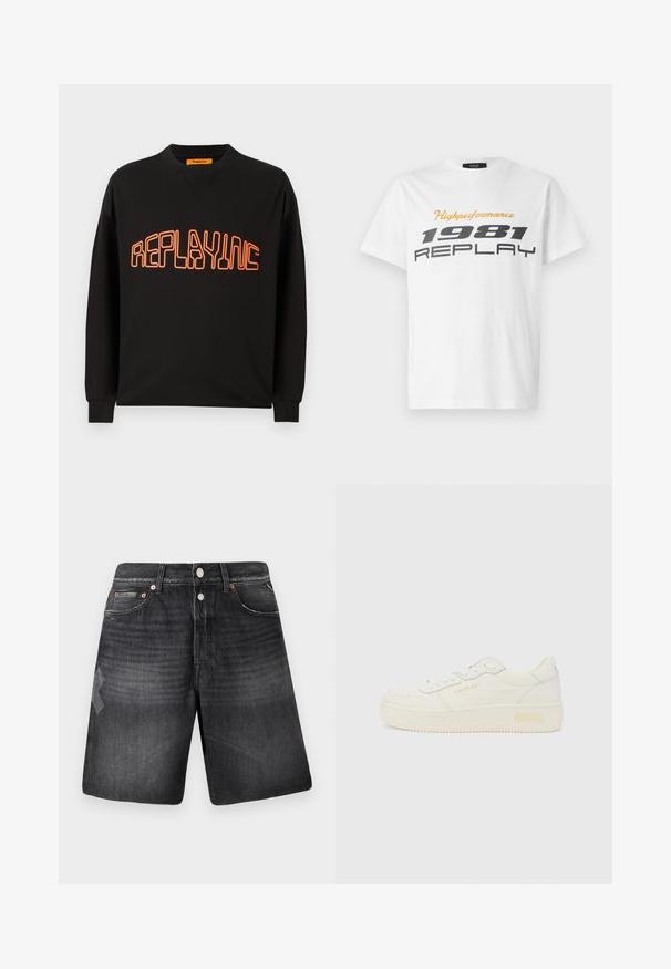 Zwarte sweatshirt van katoen met een v-hals en lange mouwen. "REPLAYING" is in het oranje gedrukt, omrand in een afgeronde stijl.; Replay SHORT SLEEVE GRAPHIC - T-shirt print - natural white; Zwarte denim shorts met een vervaagde afwerking, voorzien van vijf zakken, koperen hardware en een rechte pijpdesign.; Lage witte sneaker met veters aan de voorkant, dikke zool en subtiele "REPLAY" branding op de zijkant en hiel, getoond in profiel.