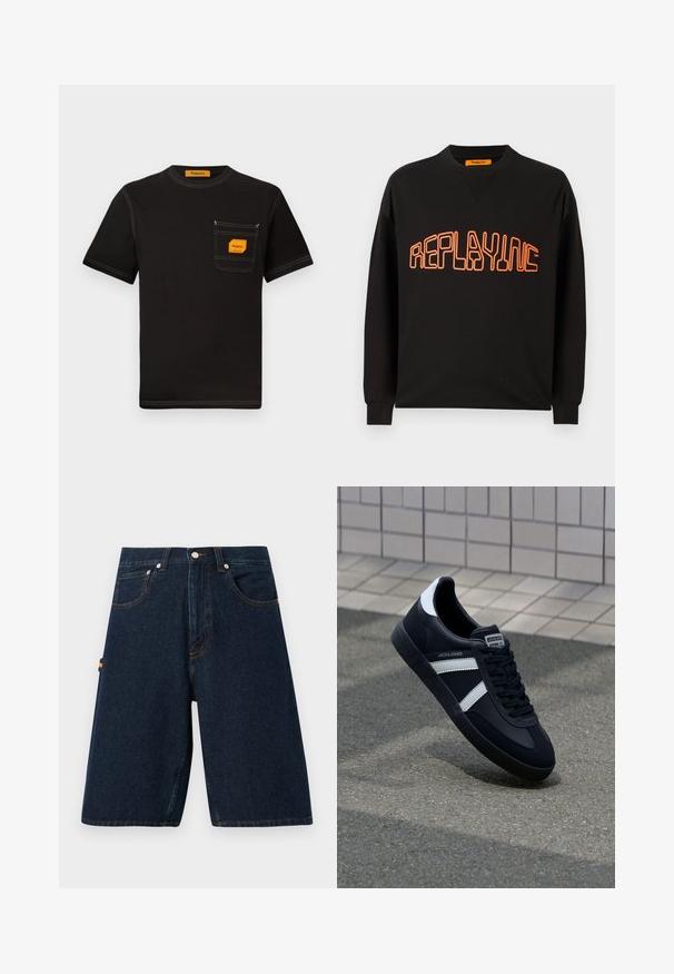 Schwarzer Sweatshirt aus Baumwolle mit V-Ausschnitt und langen Ärmeln. "REPLAYING" ist in Orange aufgedruckt, umrissen in einer abgerundeten Schriftart.; Schwarzes Baumwoll-T-Shirt mit Rundhalsausschnitt, kurzen Ärmeln und einer Brusttasche, die ein oranges Etikett und kontrastierende Nähte aufweist.; Dunkelblaue Jeansshorts mit lockerem Schnitt, Fünf-Taschen-Design und kontrastierenden orangefarbenen Nähten. Verfügt über einen klassischen Knopf- und Reißverschluss.; Schwarze Leder-Sneaker mit weißen Streifen, strukturiertem Gummisohle und Schnürung. Verfügt über ein Markenetikett auf der Zunge.