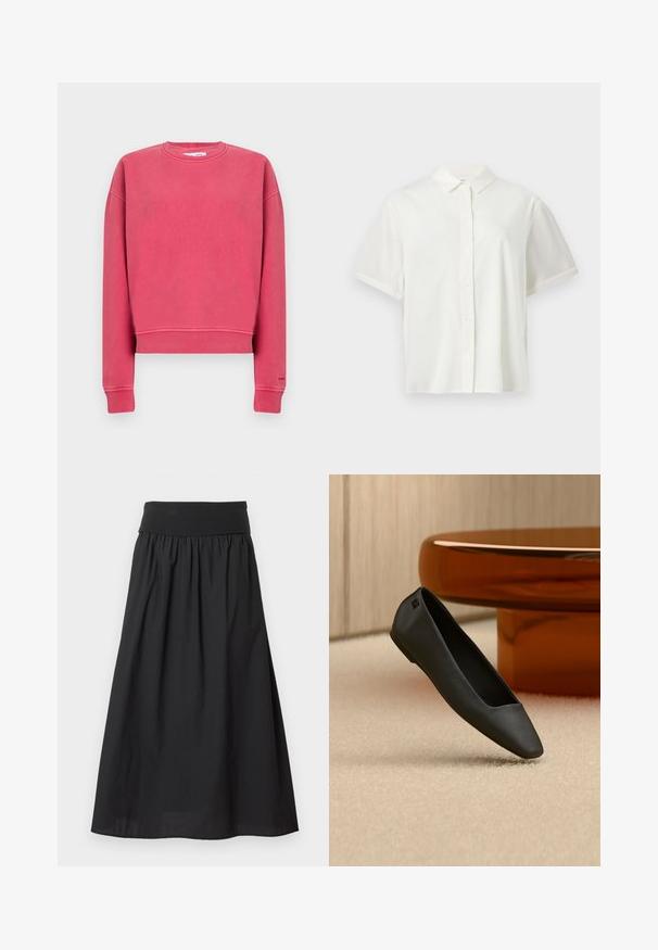 Sweat-shirt rose vif à col ras du cou avec manches longues et poignets et taille côtelés, présenté à plat sur un fond uni.; Chemise blanche à manches courtes avec boutons et col, présentée à plat sur un fond blanc uni.; Jupe maxi noire en tissu léger, dotée d'une large ceinture élastique et d'une texture froncée, avec un ourlet lisse.; Chaussure plate noire à bout pointu reposant sur un tapis beige près d'une table ronde de couleur ambre dans un décor minimaliste.