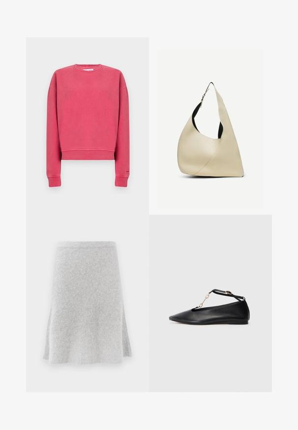 Felroze crewneck-trui met lange mouwen en geribbelde boorden bij de mouwen en taille, plat liggend tegen een egale achtergrond.; Grijze gebreide rok met een uitlopende vorm, zachte textuur en een comfortabele tailleband. De stof lijkt warm en geschikt voor casual gebruik.; Zwarte leren ballerina's met een pointed toe, uitgesneden ontwerp, enkelbandje en gouden kettingaccent. Glad oppervlak, minimale hak.; Roomkleurige leren schoudertas met een glad oppervlak, een gebogen driehoekige vorm en een verstelbare band met zilveren gesp.