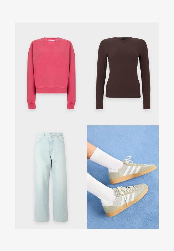 Lyserød crewneck-sweatshirt med lange ærmer og ribstrikkede manchetter og talje, vist fladt mod en ensfarvet baggrund.; Brun ribstrikket langærmet tætsiddende bluse med rund hals og et lille GAP-mærke ved halsen, vist på en hvid baggrund.; Lyseblå denimbukser med vide ben og høj talje, med fem lommer, knaplukning og diskret falming.; Lys grå ruskinds sneakers med hvide gummidetaljer, der har tre hvide striber og en gummisål, båret med hvide sokker på en blå baggrund.