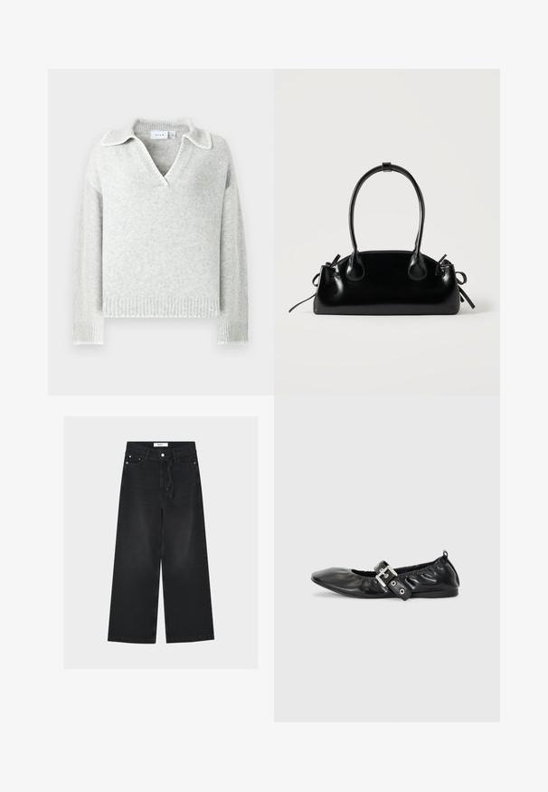 Lysegrå strikket sweater med V-hals og krave, med ribbede manchetter og kant samt detaljer med bølget kant.; Sorte vidde jeans med høj talje, bæltestropper, forreste knap- og lynlåslukning samt et stofbælte bundet i taljen.; Sorte læder flade sko med spids tå, samling detaljer omkring åbningen, og en sølv spænde accent på den justerbare rem.; Lille sort blank håndtaske med to lange håndtag og snøre-detaljer i siden på en ensfarvet lys baggrund.