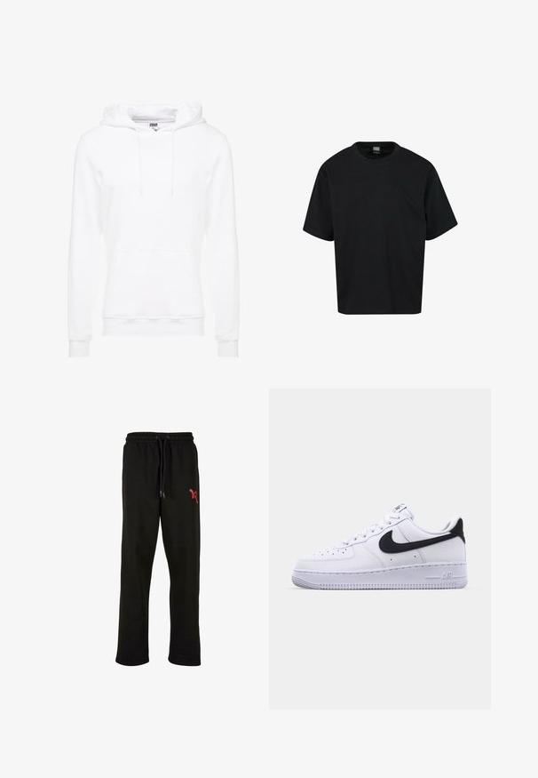 Hvid hætte sweatshirt lavet af blødt stof, med en kængurulomme, justerbare snore og ribbede manchetter og kant.; Sort kortærmet t-shirt lavet af bomuld, med rund halsudskæring og en afslappet pasform. Ingen mønstre eller bemærkelsesværdige accenter.; Sorte sweats med elastisk talje og justerbar snor. Har et rødt logo på venstre lår. Blødt materiale.; Hvide lædersneakers med en struktureret sort Swoosh, flade snørebånd og en gummisål med et rillemønster. "AIR" er præget på hælen.