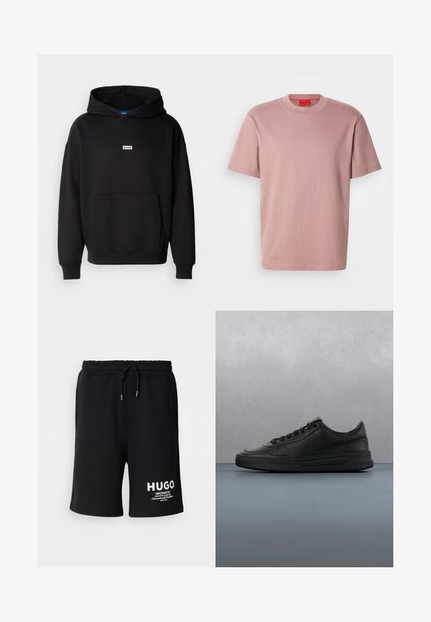 Schwarzer Kapuzenpullover aus weichem Stoff, mit einer vorderen Kängurutasche und einem kleinen weißen "HUGO"-Logo auf der Brust.; Helles rosa Baumwoll-T-Shirt mit rundem Halsausschnitt, kurzen Ärmeln und einem eingeprägten "HUGO"-Logo auf der Brust. Glatte Textur mit lässigem Design.; Schwarze Baumwollshorts mit einem elastischen Bund und Kordelzug. Weißes "HUGO"-Logo am linken Bein. Einfaches Design, knielanger Schnitt.; Schwarze Sneaker mit glattem Lederobermaterial, runder Zehenpartie, flachen Schnürsenkeln, gepolstertem Kragen und minimalistischem Design. Gummisohle mit subtiler Profilierung.