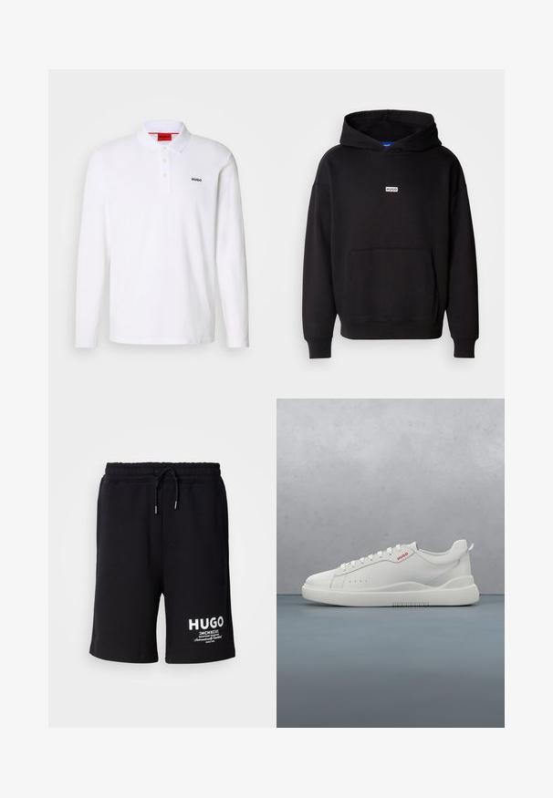 Zwarte hoodie van zachte stof, met een voorkant kangaroo zak en een klein wit "HUGO" logo op de borst.; Witte lange mouwen polo-shirt gemaakt van katoen, met een kraag, een drie-knops sluiting en een zwart "HUGO" logo op de linkerborst.; Zwarte katoenen shorts met een elastische tailleband en koord. Witte "HUGO" logo op het linkerpijp. Eenvoudig ontwerp, knielange snit.; Witte sneaker met een gladde leren afwerking, ronde neus, vier veterogen, subtiele perforaties en een rood logo detail aan de zijkant.