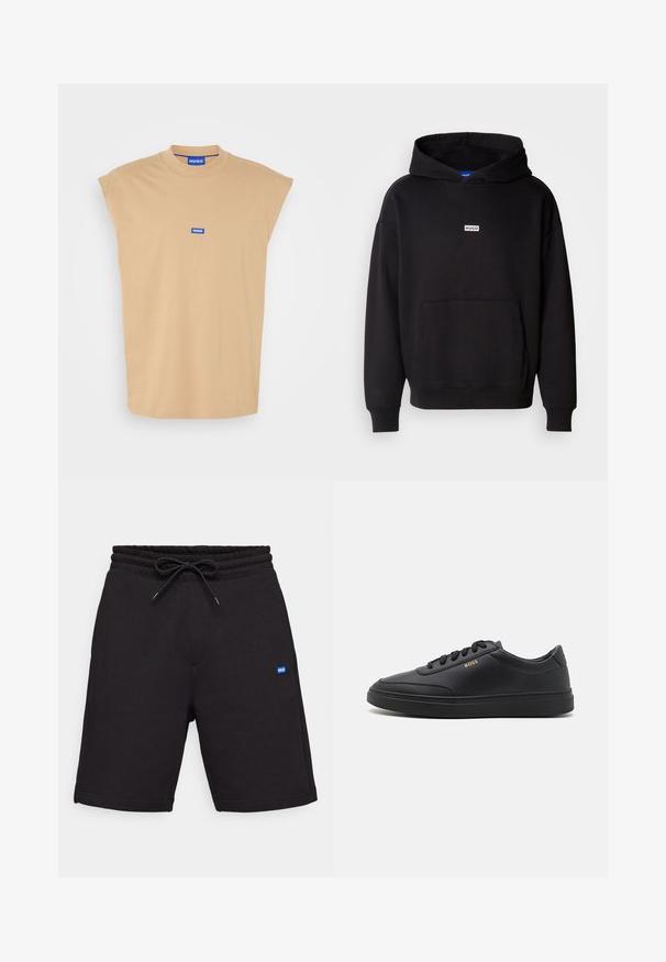 Sweatshirt à capuche noire en tissu doux, avec une poche kangourou à l'avant et un petit logo blanc "HUGO" sur la poitrine.; T-shirt en coton beige avec un col montant et des manches courtes et évasées. Présente une écusson bleu "HUGO" sur la poitrine. Texture lisse.; Shorts en coton noir avec une taille élastique à cordon de serrage, dotés de poches latérales et d'un petit patch logo bleu à l'avant. Texture lisse.; Baskets en cuir noir avec une texture lisse, bout rond, semelle en caoutchouc plate et lacets ton sur ton. Présente une marque "BOSS" dorée sur le côté.