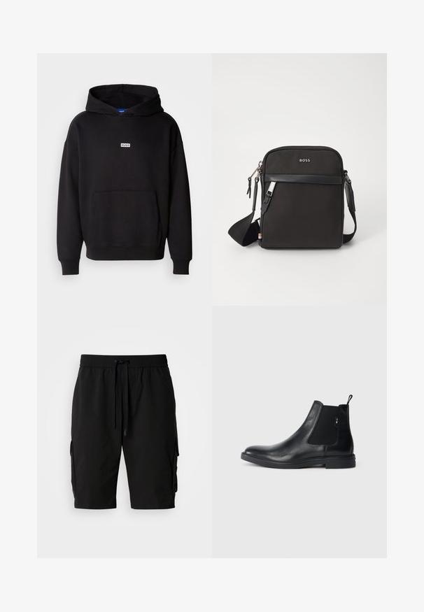Zwarte hoodie van zachte stof, met een voorkant kangaroo zak en een klein wit "HUGO" logo op de borst.; Zwarte cargoshorts gemaakt van lichtgewicht stof, met een elastische tailleband, een trekkoord en zijvakken voor extra opbergruimte.; Zwarte leren Chelsea-boots met elastische zijpanelen, een treklipje en een vlakke rubberen zool. Gladde textuur met minimale details.; Zwarte schoudertas van textuurstof, met logo aan de voorkant, ritssluiting en verstelbare schouderband. Voorzien van een gladde leren rand.