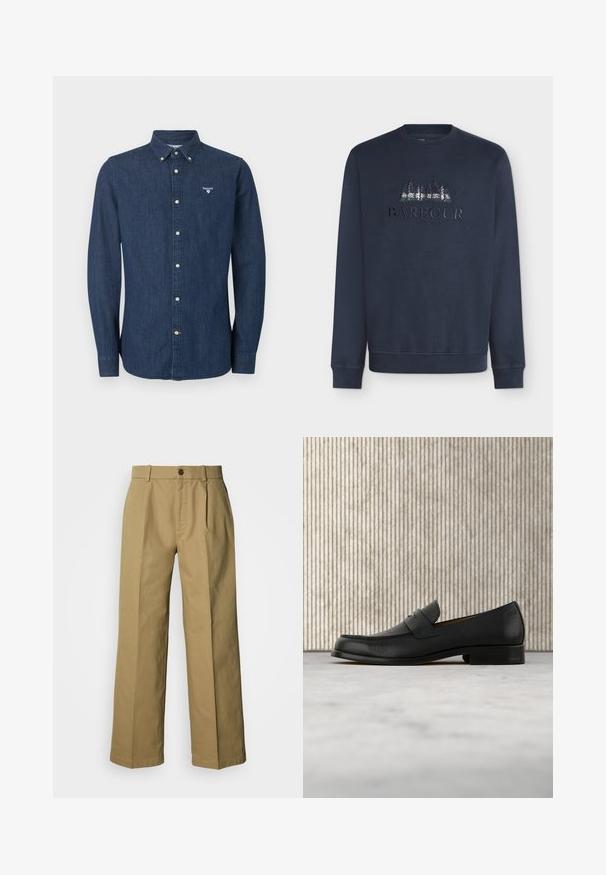 Sweat-shirt bleu marine à manches longues avec des pins brodés et le texte "Barbour" sur le devant. Design simple avec col rond.; Chemise en denim bleu foncé à manches longues avec fermeture à boutons, col boutonné et logo Barbour blanc sur la poitrine gauche.; Pantalon large beige en coton, avec une fermeture à boutons, trois plis et des ourlets droits pour une coupe décontractée.; Mocassin en cuir noir flottant au-dessus d'un tapis beige avec une table ronde brune brillante en arrière-plan.
