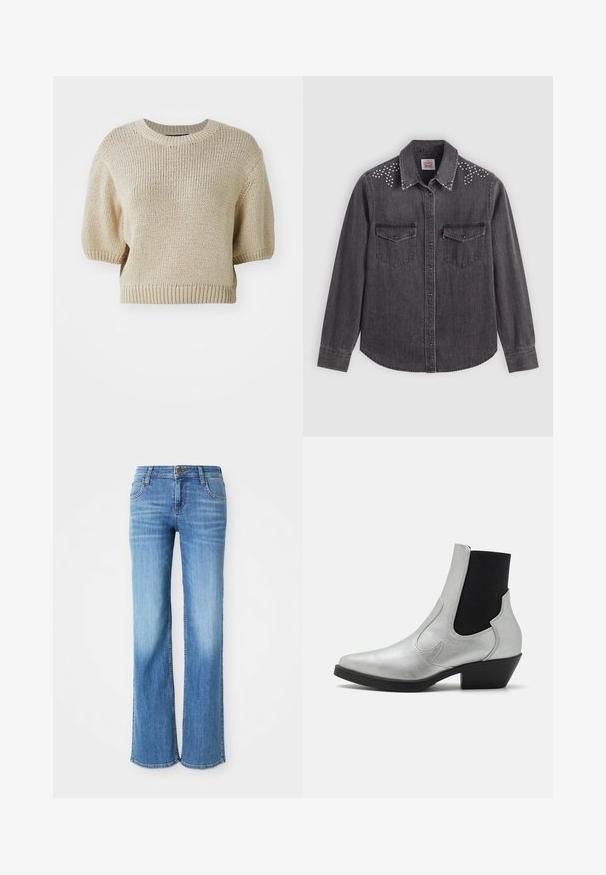 Pull en tricot beige à manches courtes avec un col rond. Il présente un tissage texturé et lâche ainsi que des finitions côtelées pour un ajustement structuré.; Chemise en denim noir à manches longues, avec col pointu, deux poches poitrine, accents en clous argentés sur les épaules, devant à boutons.; Jean en denim bleu clair, avec une coupe droite, cinq poches et une fermeture à bouton classique avec une étiquette de marque sur la taille.; ONLY SHOES ONLBRONCO SHORT - Bottines de cowboy / motard - silver