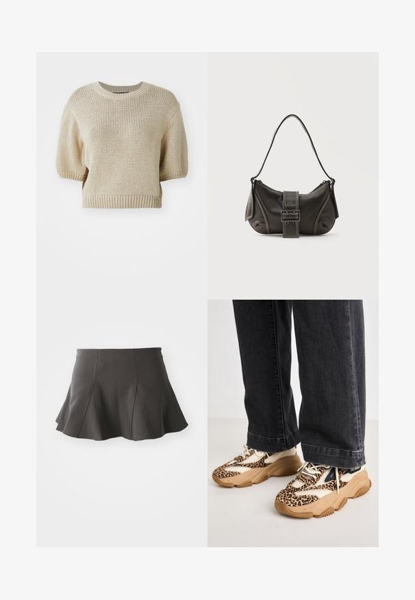Beige strikket kortærmet sweater med rund hals. Har en struktureret pasform med tekstureret, løst væv og ribbede kanter.; Sort flared nederdel med en tætsiddende talje, der har lodrette syninger og en glat tekstur. Sømmen er let buet og går lige over midten af låret.; Sneakers med leopardprint og mesh- og læderpaneler, tan-gummisål og kontrasterende sorte accenter. Båret med løstsiddende mørke jeans.; Sort læder skuldertaske med spænde på remmen, afrundede kanter og kontrasterende hvide syninger på en ensfarvet baggrund.