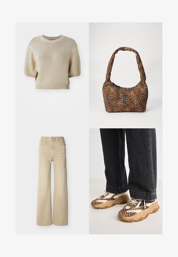 Beige strikket kortærmet sweater med rund hals. Har en struktureret pasform med tekstureret, løst væv og ribbede kanter.; Beige højtaljede vide ben jeans med forreste knap og lynlås, for- og baglommer samt bæltestropper på en hvid baggrund.; Sneakers med leopardprint og mesh- og læderpaneler, tan-gummisål og kontrasterende sorte accenter. Båret med løstsiddende mørke jeans.; Leopardmønstret håndtaske i brunt og sort stof med en rund form, blød tekstur og en tyk, polstret skulderrem. Detalje med lynlås lukning.