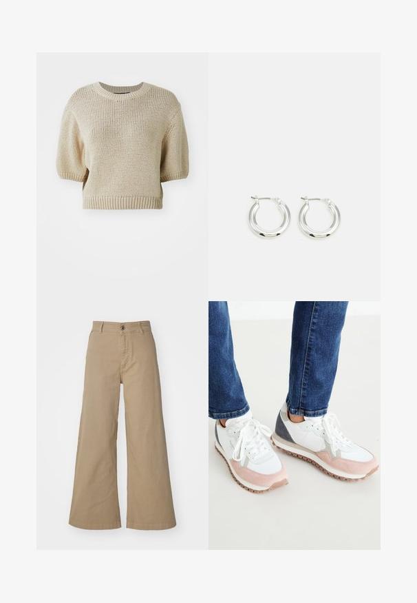 Jersey beige de manga corta con cuello redondo. Presenta una textura de tejido suelto y dobladillos acanalados para un ajuste estructurado.; Pantalones de pierna ancha color caqui, fabricados en algodón, con cierre de botón frontal, lazos para cinturón y una textura suave y mate en toda su superficie.; Zapatillas blancas y rosa claro con acentos grises, que cuentan con una parte superior de ante y malla, suela de goma y cordones redondos.; Pendientes de aro de plata con un acabado pulido, que presentan una forma circular y un cierre de gancho. Textura suave con detalles mínimos.
