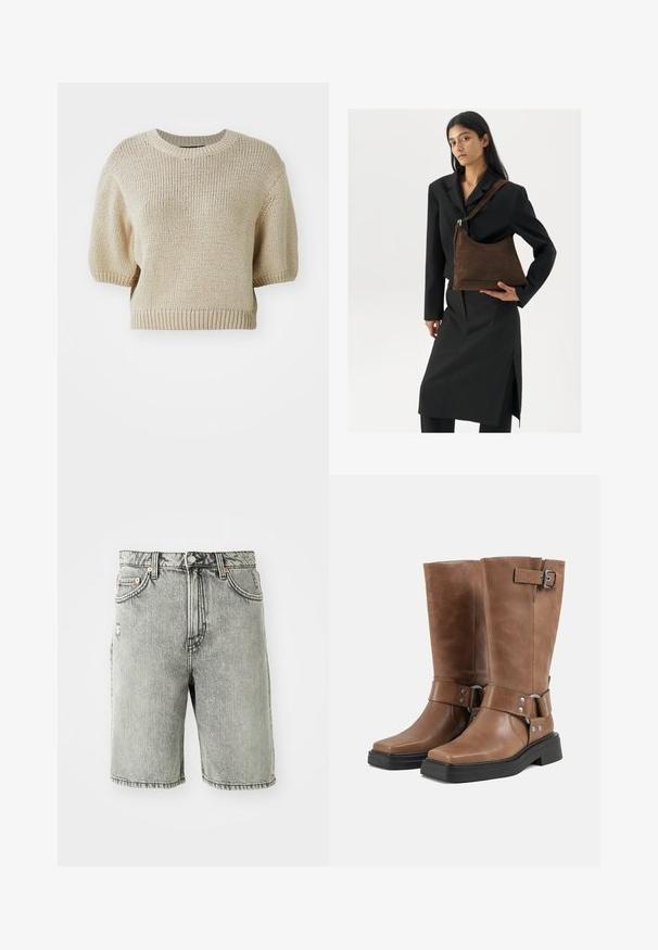 Pull en tricot beige à manches courtes avec un col rond. Il présente un tissage texturé et lâche ainsi que des finitions côtelées pour un ajustement structuré.; Shorts en denim gris avec un design classique à cinq poches, une finition délavée et des surpiqûres au bas et à la taille.; Paire de bottes mi-mollet en cuir marron avec semelles épaisses noires, brides latérales avec boucles et rivets métalliques, et bouts carrés.; Femme portant un blazer noir et une jupe, tenant un grand sac à épaule en suede marron foncé contre un fond blanc.