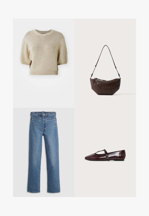 Pull en tricot beige à manches courtes avec un col rond. Il présente un tissage texturé et lâche ainsi que des finitions côtelées pour un ajustement structuré.; Jeans droit bleu clair en denim. Comprend une fermeture à bouton, cinq poches et un léger délavage. Pas d'ornements ni de motifs.; Chaussure plate en cuir bordeaux foncé avec un bout pointu et une fine bride en T avec une boucle argentée sur fond blanc.; Sac à bandoulière en cuir marron avec un fond incurvé et une sangle réglable sur un fond clair uni.