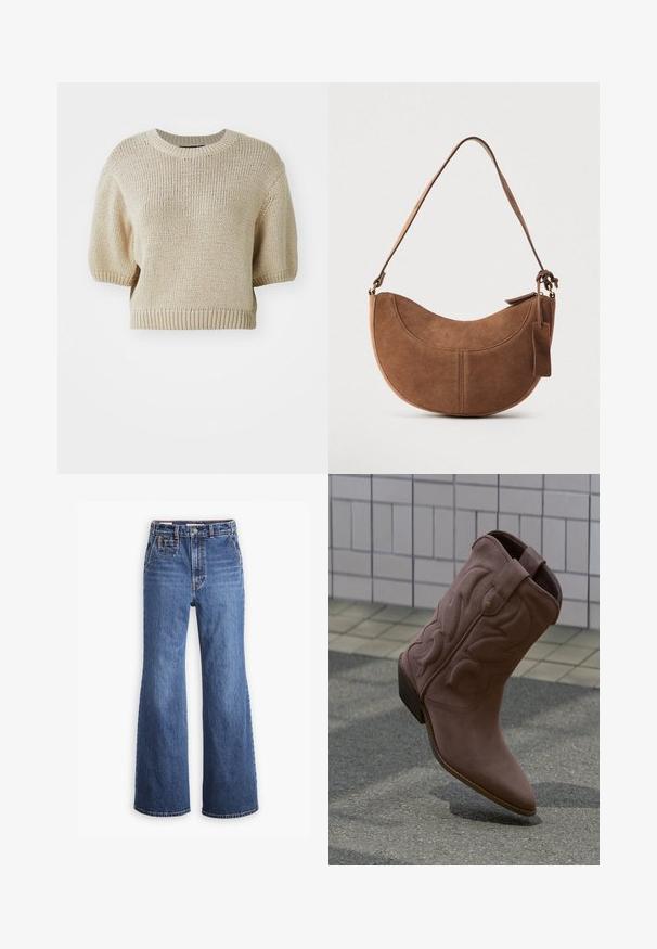 Jersey beige de manga corta con cuello redondo. Presenta una textura de tejido suelto y dobladillos acanalados para un ajuste estructurado.; Pantalones vaqueros de denim azul de cintura alta con un diseño de pierna ancha, que cuentan con un bolsillo delantero, cierre de botón de bronce y costuras en contraste.; Una sola bota vaquera marrón con costuras decorativas, descansando sobre suelo pavimentado cerca de una pared alicatada.; Bolso de ante marrón con forma curva de media luna. Cuenta con una correa para el hombro, una pequeña etiqueta y costuras visibles a lo largo de los bordes.