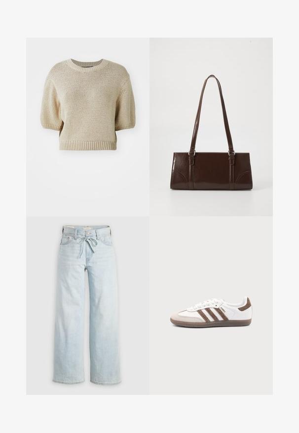 Beige strikket kortærmet sweater med rund hals. Har en struktureret pasform med tekstureret, løst væv og ribbede kanter.; Lysblå vide jeans med bindebånd fortil, klassisk fem-lomme design og subtile falmede detaljer ved benene. Denim materiale.; Hvid Adidas Samba sneaker med brune ruskindstriber, brun gummisål og beige ruskindståhætte, vist fra ydersiden på en ensfarvet baggrund.; Brun lakeret håndtaske med rektangulær form, to lange håndtag og subtile buede detaljer på fronten.