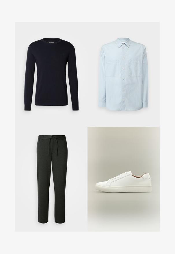 Mørkeblå bomulds sweater med lange ærmer, rund halsudskæring og ribbede manchetter. Har et lille logo broderet på brystet.; Lyseblå button-up skjorte lavet af bomuld, med klassisk krave, lange ærmer, to brystlommer og en let afslappet pasform.; Mørkegrå sweatpants lavet af en blød bomuldsblanding. Har elastisk talje med snor og sidelommer. Lige ben-design.; Hvid lavt snøresko med snørelukning og flad sål, vist fra siden på en neutral baggrund.