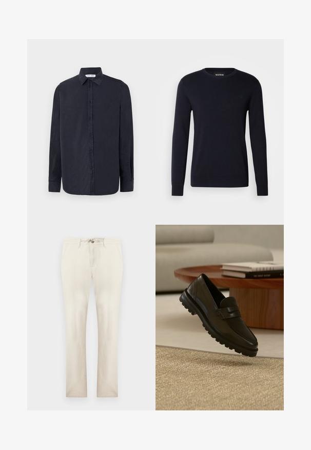 Tumesinine puuvillane kampsun pikkade varrukatega, ümmarguse kaelusega ja soonikute ääristes. Tootel on rinnal väikene tikandiga logo.; Samsøe Samsøe RYAN SHIRT - Pluus - salute; Beežid vabaajarõivad esitaskute, tõmblukuga ja nööriga vöökohal, sirge säärega, kuvatud lihtsal taustal.; Must nahast loafer paksu mustriga tald, hõljumas tekstuurse beežika vaiba kohal, puidust ümmargune kohvilaud ja taustal virnastatud raamatud.