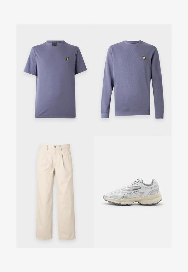 Sweatshirt violet à col rond en tissu doux, avec poignets et ourlet côtelés, et un petit logo jaune brodé sur la poitrine.; T-shirt en coton violet avec un col rond, des manches courtes et un petit logo brodé jaune sur la poitrine. Texture lisse.; Pantalons larges beiges à taille haute, avec des plis avant, une fermeture à bouton sur le devant et un tissu en coton lisse.; Baskets de sport blanches avec des accents gris, tige en maille et synthétique, design à lacets et semelle en caoutchouc texturée avec motifs de traction.